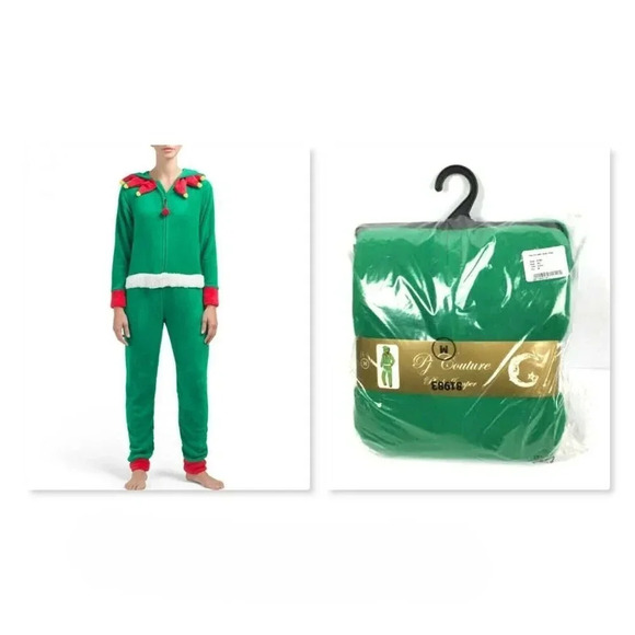 Elf Xmas Pajama PJ One Piece Romper Size L Costume Hooded Sleeper PJ New - Picture 1 of 8
